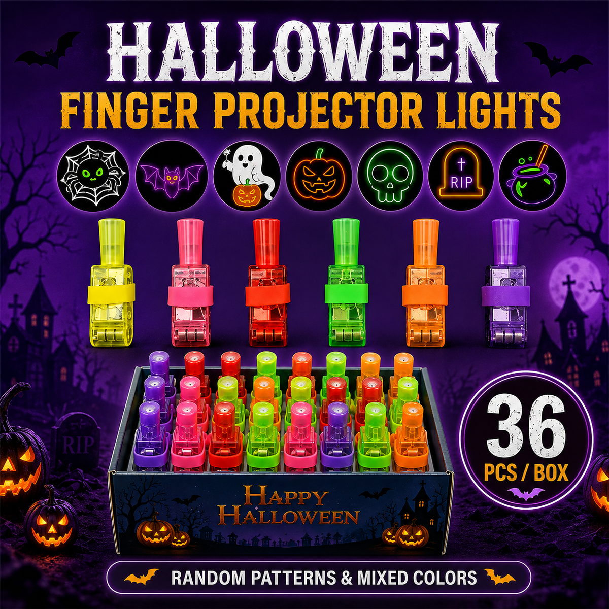 36PCS Halloween Finger Projector Lights – LED Spooky Projection Rings for Kids, Party Favors & Trick or Treat Gifts